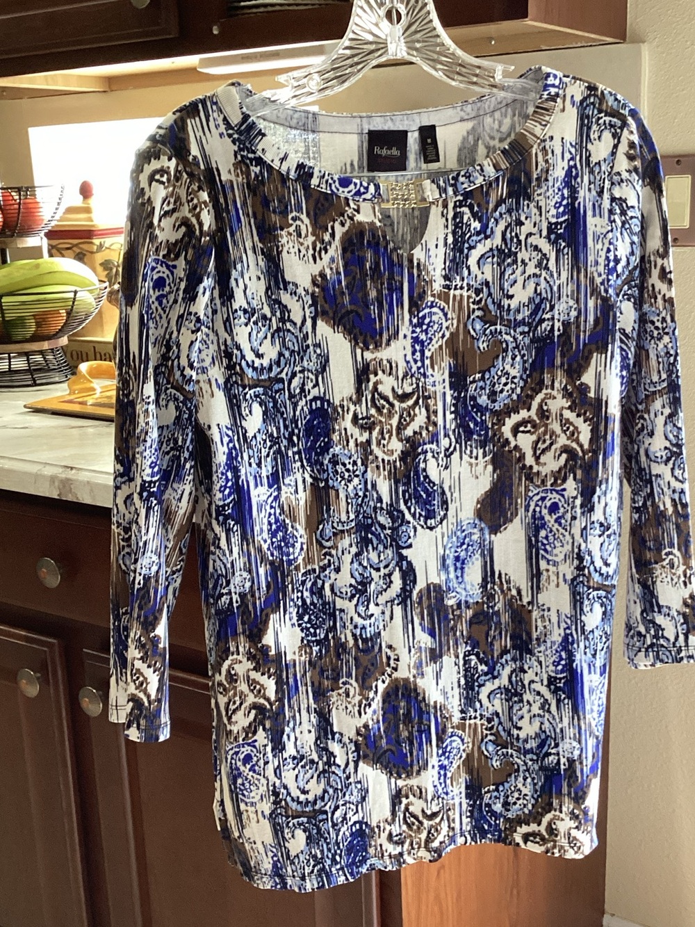 Rafaella Blue, Brown & White Paisley Long Sleeve Top
